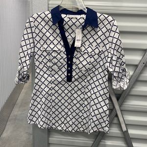 Open Navy Women’s size XS dress shirt Button Down Adjustable sleeve NWT Pockets